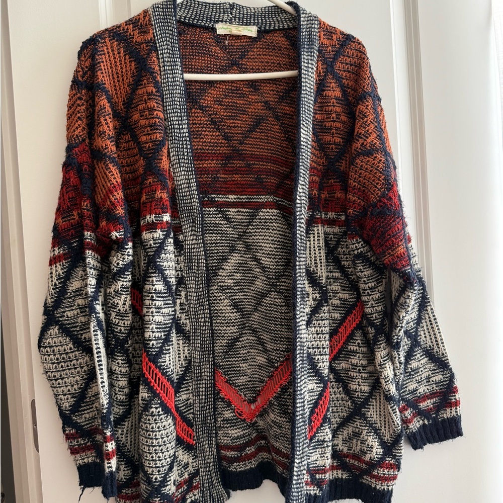 Anthropologie Orange and Blue Geometric Cardigan